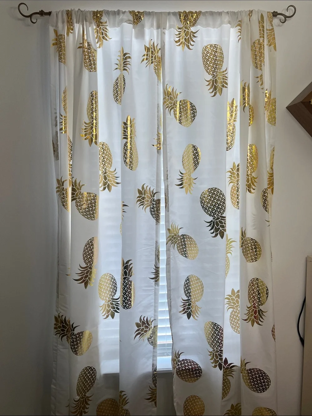 Gold Pineapple Sheer Curtain Panel - White & Gold Tropical Drapery